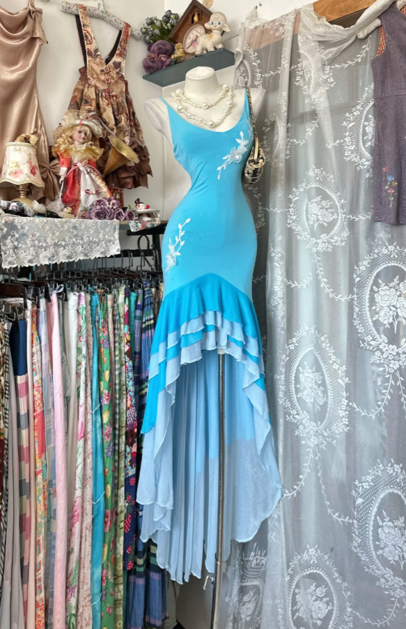 Chic Blue Prom Dress Chiffon Spaghetti Straps Evening Dress Sheath Formal Dress ED06887