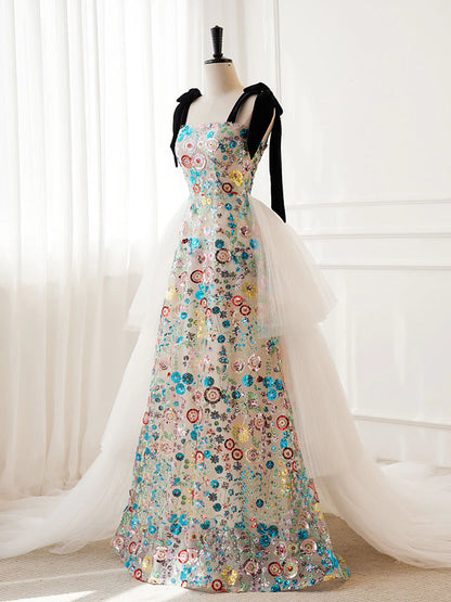 Einzigartiges langes Ballkleid aus Tüll mit Pailletten in A-Linie, weißes Abendkleid ED0689