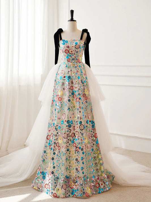 Robe de bal longue en tulle et sequins, coupe trapèze, robe de soirée blanche ED0689
