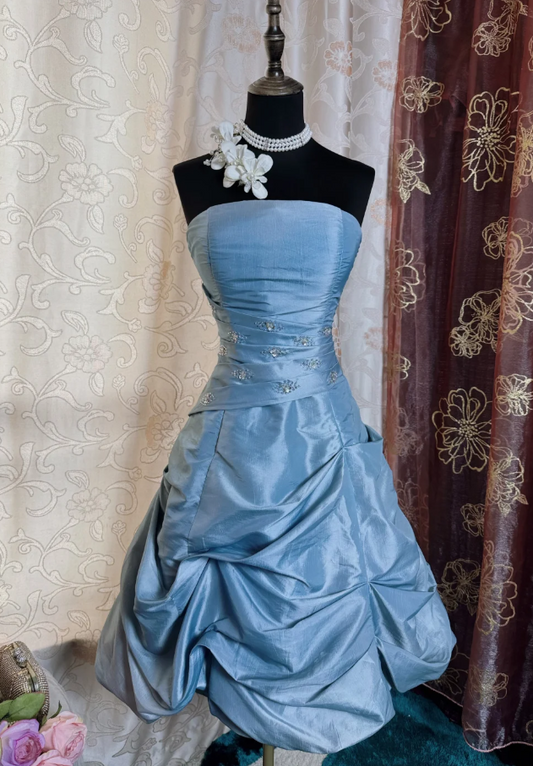 Chic Blue Prom Dress Satin Strapless Birthday Dress A-Line Sleeveless Party Dress ED06893