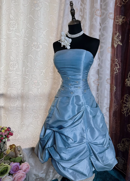 Chic Blue Prom Dress Satin Strapless Birthday Dress A-Line Sleeveless Party Dress ED06893