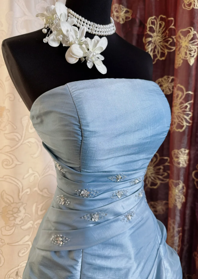 Chic Blue Prom Dress Satin Strapless Birthday Dress A-Line Sleeveless Party Dress ED06893