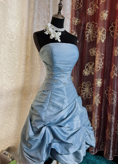 Chic Blue Prom Dress Satin Strapless Birthday Dress A-Line Sleeveless Party Dress ED06893