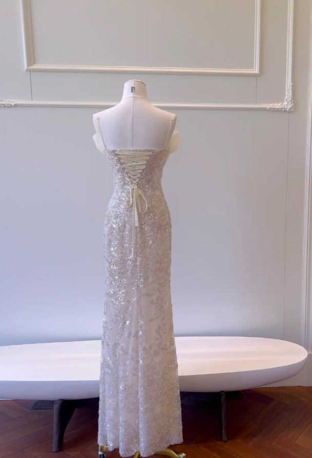 Chic Light Champagne Prom Dress Tulle Sequins Spaghetti Straps Evening Dress Sheath Sleeveless Party Dress ED06894