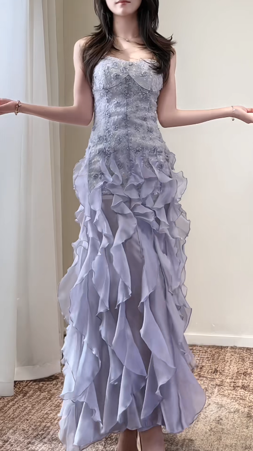 Chic Light Purple Prom Dress Tulle Strapless Evening Dress Sheath Sleeveless Party Dress ED06895