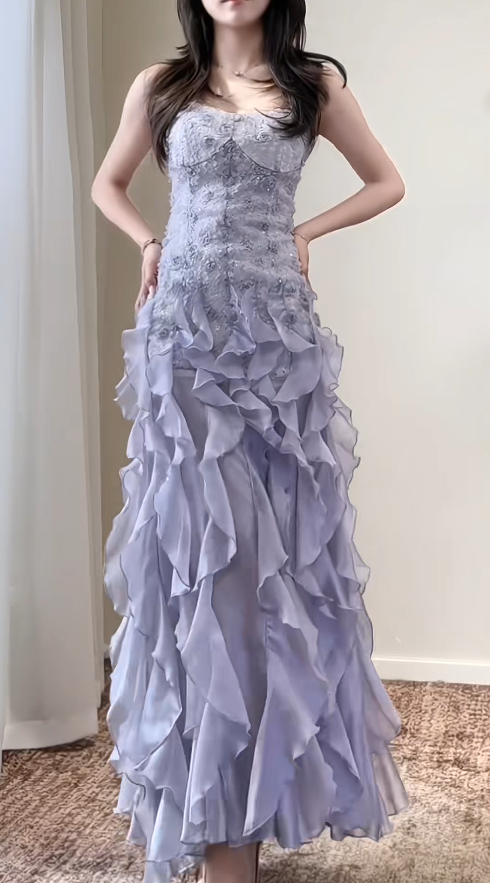 Chic Light Purple Prom Dress Tulle Strapless Evening Dress Sheath Sleeveless Party Dress ED06895