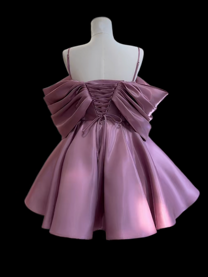Simple Short Grape Prom Dress Satin  Off-shoulder A-Line Birthday Dress ED06899