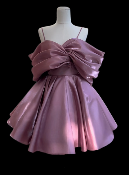 Simple Short Grape Prom Dress Satin  Off-shoulder A-Line Birthday Dress ED06899