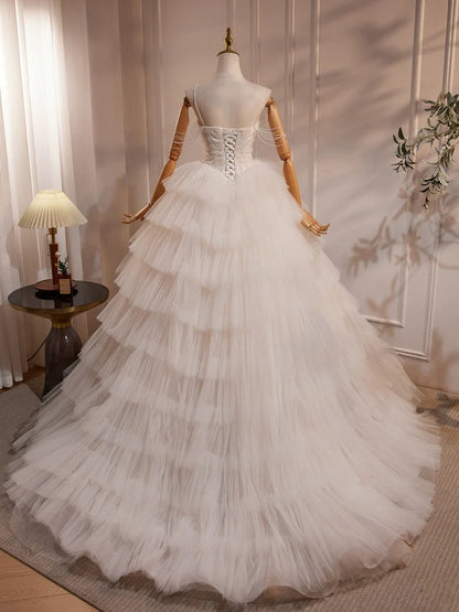 A-Line Sweetheart Neck Tulle Lace Applique Beige Long Prom Dress with Beads   ED069