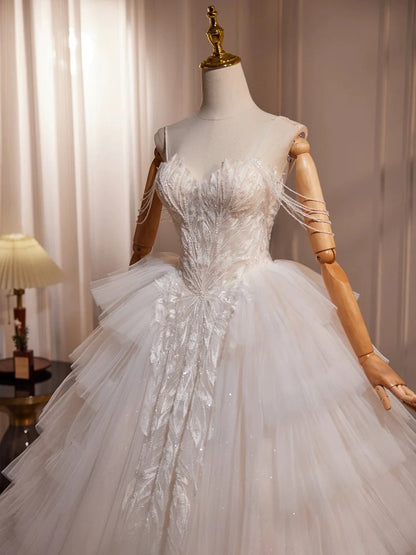 A-Line Sweetheart Neck Tulle Lace Applique Beige Long Prom Dress with Beads   ED069