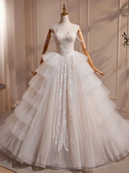 A-Line Sweetheart Neck Tulle Lace Applique Beige Long Prom Dress with Beads   ED069