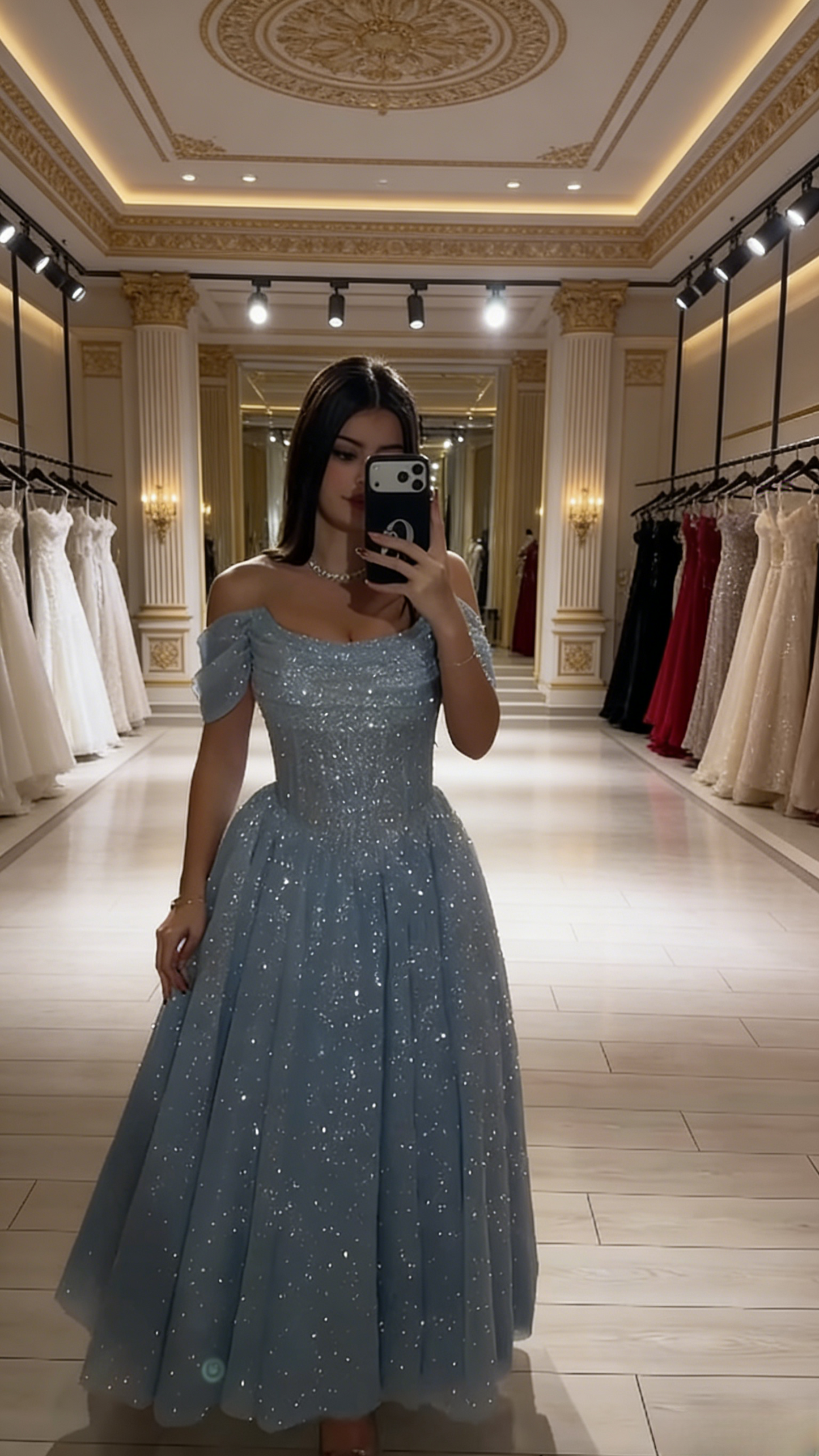 Classy Blue Prom Dress Tulle Off-shoulder A-Line Evening Dress ED06904