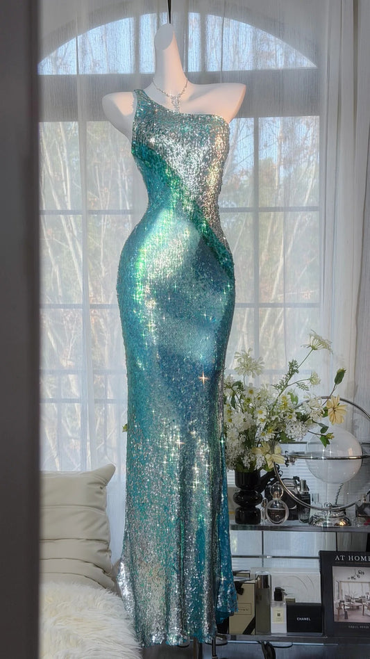 Chic Blue Prom Dress Sequins Sheath One-shoulder Evening Dress Sleeveless Birthday Dress ED06910