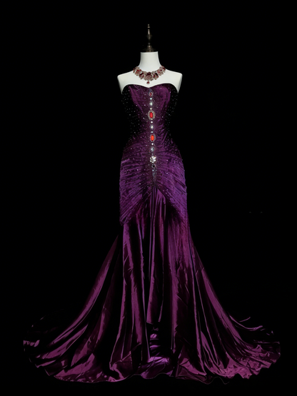 Chic Grape Prom Dress Satin Strapless Sheath Evening Dress ED06914