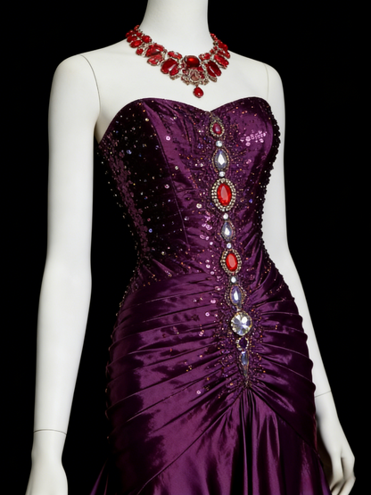 Chic Grape Prom Dress Satin Strapless Sheath Evening Dress ED06914