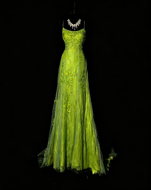 Elegant Lemon Green Prom Dress Tulle Spaghetti Straps Sheath Evening Dress Applique Birthday Dress ED06917