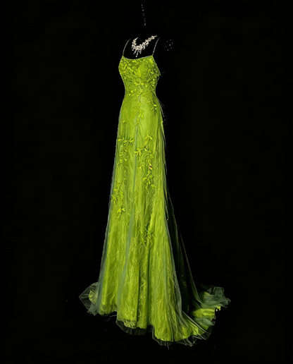 Elegant Lemon Green Prom Dress Tulle Spaghetti Straps Sheath Evening Dress Applique Birthday Dress ED06917
