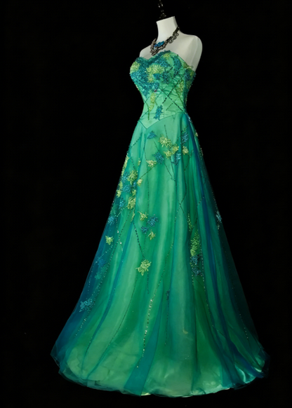 Elegant Green Prom Dress Tulle Strapless A-Line Evening Dress Applique Birthday Dress ED06918