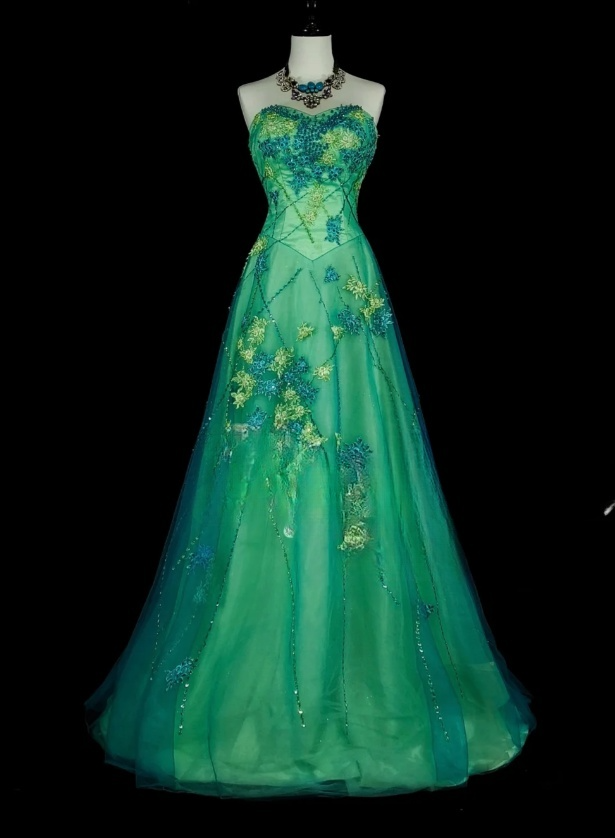 Elegant Green Prom Dress Tulle Strapless A-Line Evening Dress Applique Birthday Dress ED06918