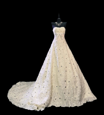 Elegant White Prom Dress Tulle Strapless A-Line Evening Dress Applique Birthday Dress ED06919