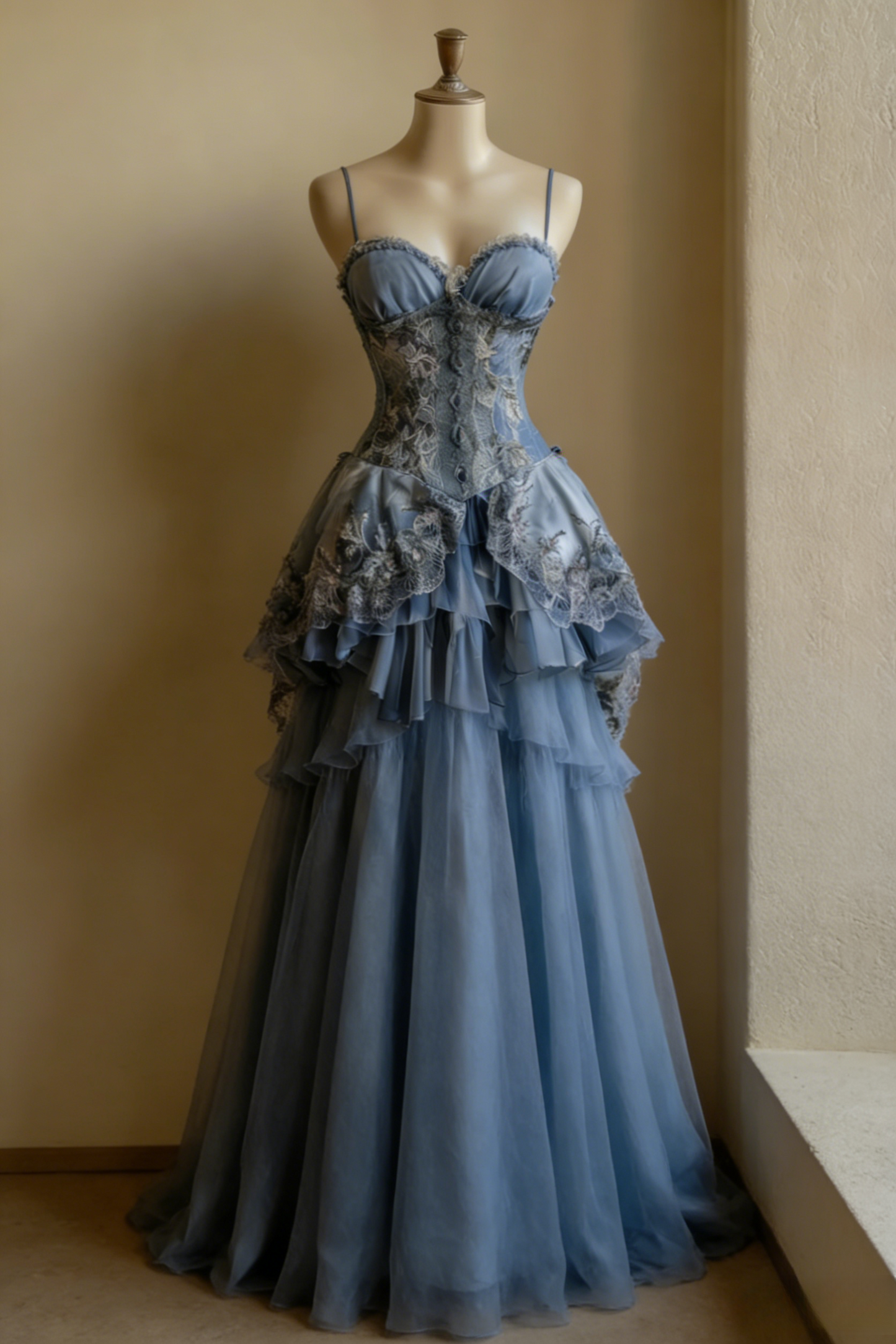 Elegant Gray Blue Prom Dress Tulle Spaghetti Straps A-Line Evening Dress Applique Birthday Dress ED06921
