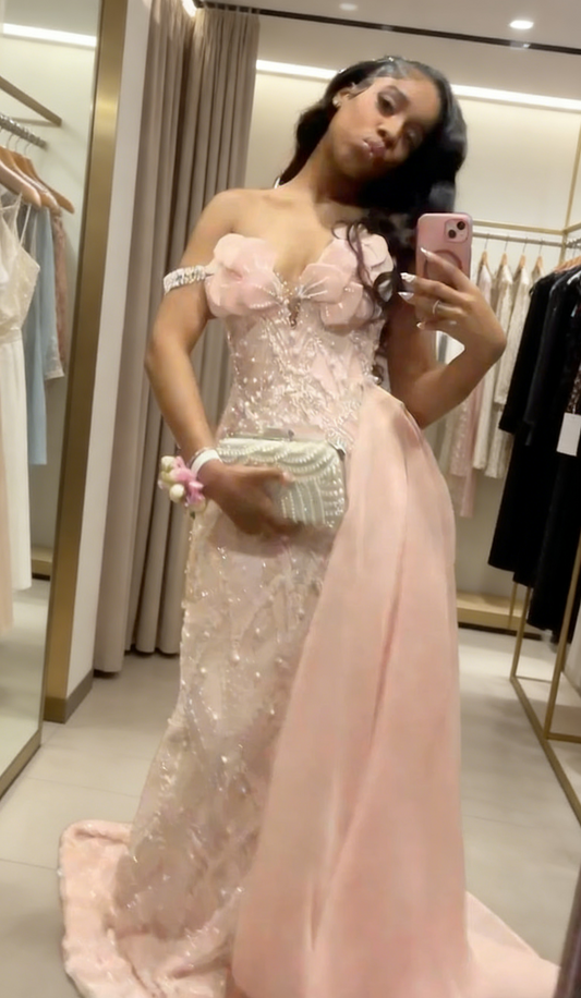 Gorgeous Pink Prom Dress Tulle Beaded Off-shoulder Evening Dress Sheath Birthday Dress ED06923