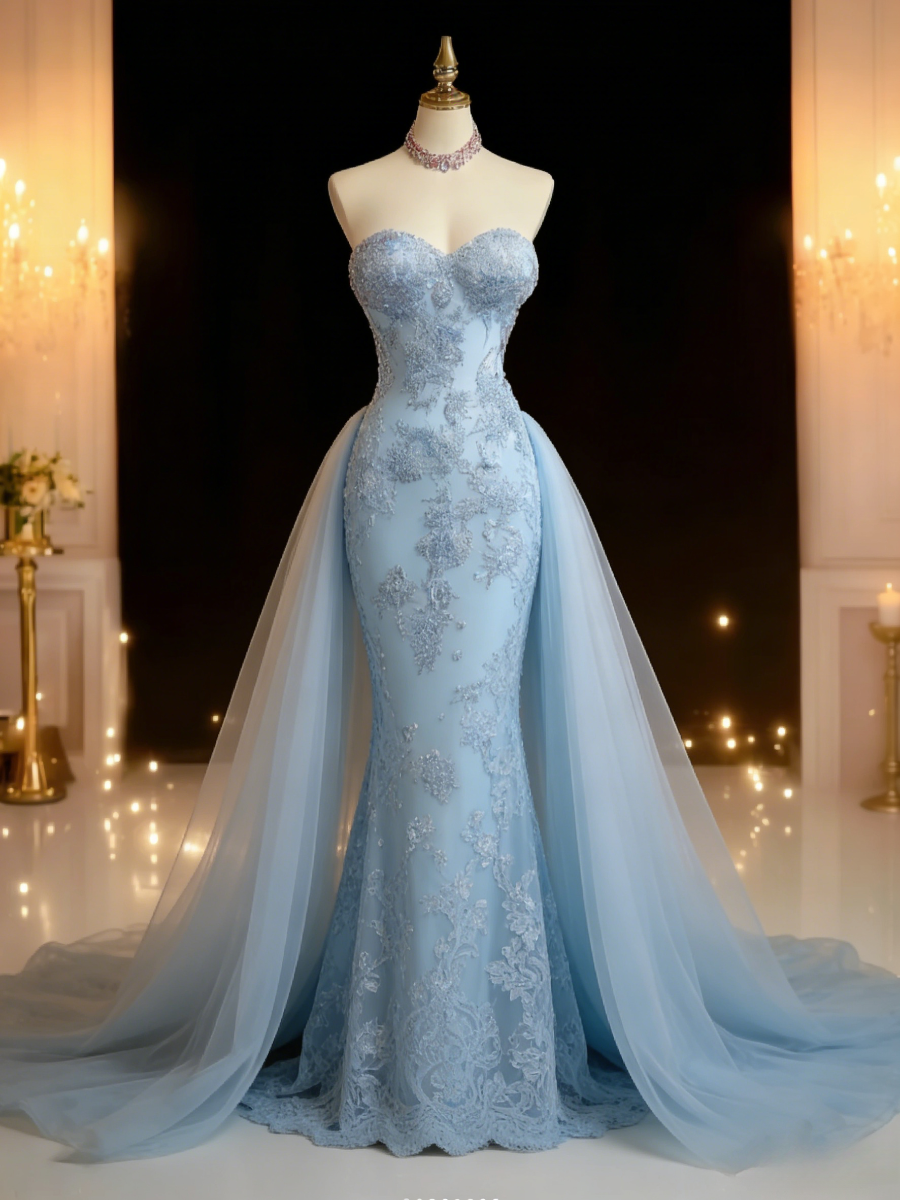 Gorgeous Blue Prom Dress Tulle Sweetheart Evening Dress Sheath Birthda ...