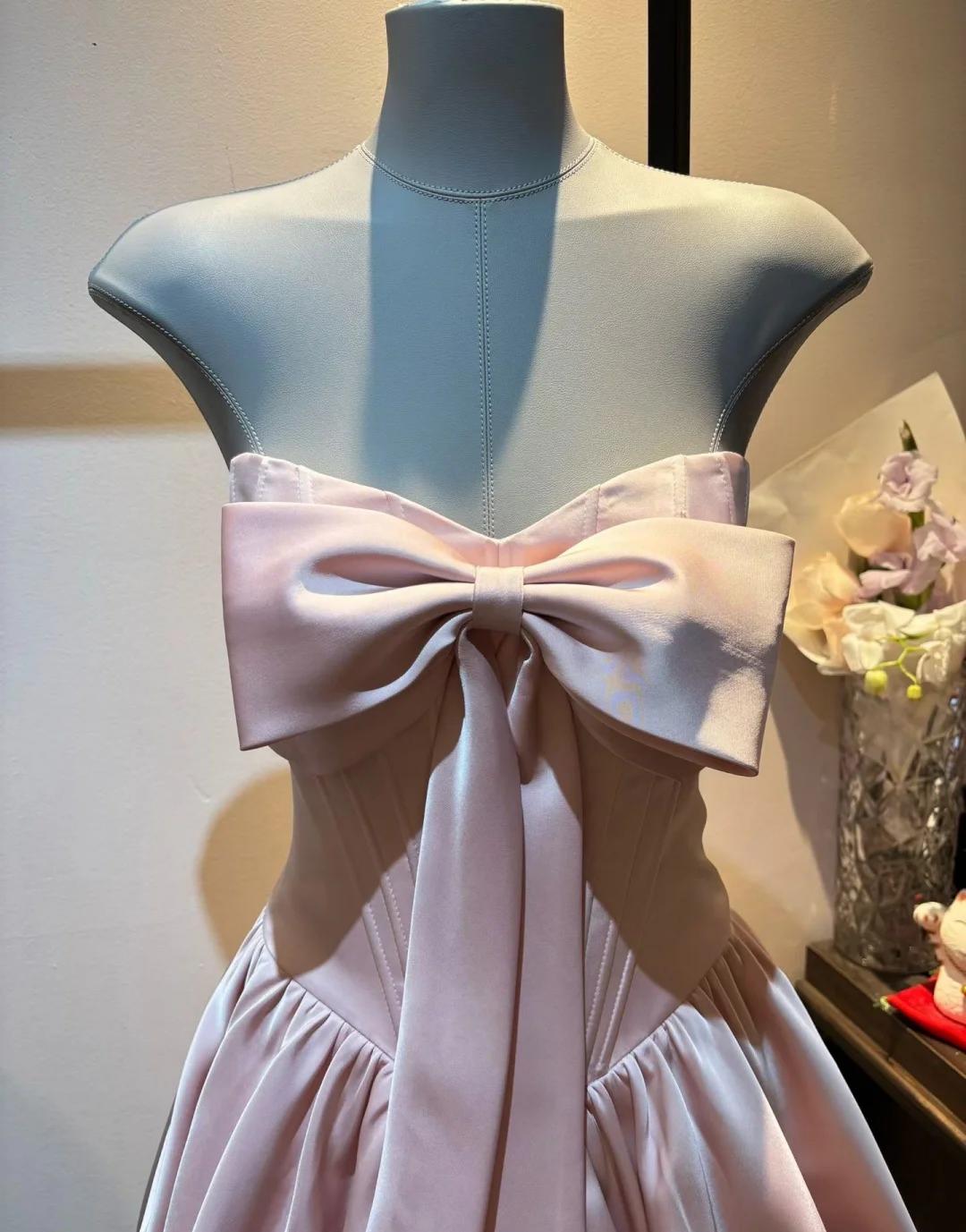 Gorgeous Pink Prom Dress Satin Strapless Evening Dress A-Line Birthday Dress ED06926