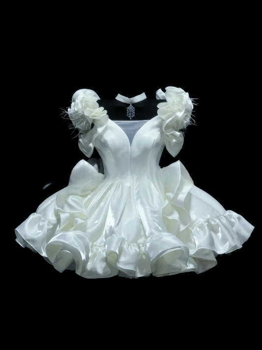 Gorgeous White Prom Dress Satin V-neck Short Evening Dress A-Line Birthday Dress ED06927