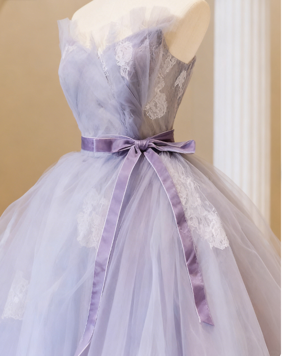 Purple V Neck Tulle Lace Long Prom Dress, Purple Formal Sweet 16 Dress ED0693