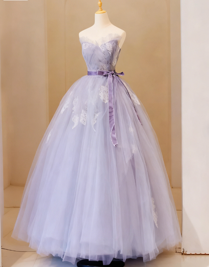 Purple V Neck Tulle Lace Long Prom Dress, Purple Formal Sweet 16 Dress ED0693