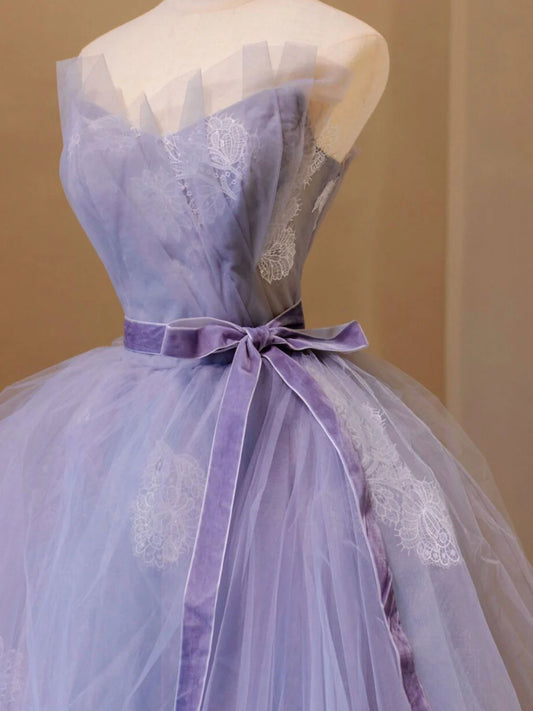 Lila V-Ausschnitt Tüll Spitze Langes Ballkleid, Lila Formales Sweet 16 Kleid ED0693