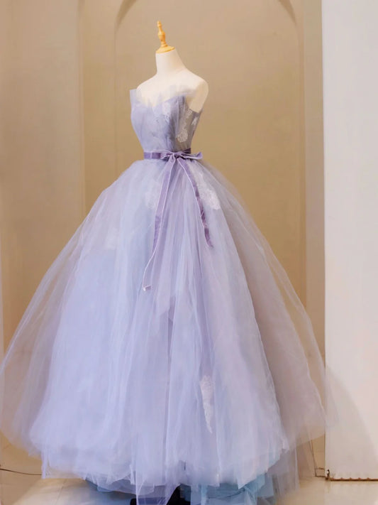 Lila V-Ausschnitt Tüll Spitze Langes Ballkleid, Lila Formales Sweet 16 Kleid ED0693
