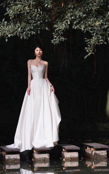 Timeless White Wedding Dress Satin Spaghetti Straps A-Line Bridal Gown Sleeveless Bridal Dresss ED06936