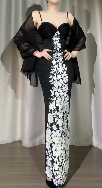 Vintage Black Prom Dress Sequins Chiffon Spaghetti Straps Evening Dress Sheath Birthday Dress ED06937