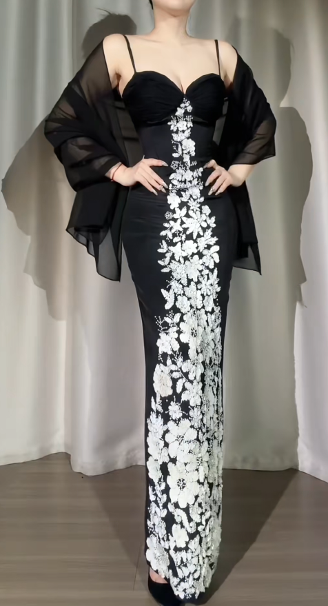 Vintage Black Prom Dress Sequins Chiffon Spaghetti Straps Evening Dress Sheath Birthday Dress ED06937