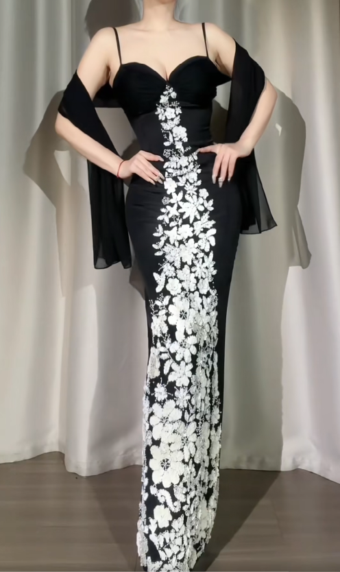 Vintage Black Prom Dress Sequins Chiffon Spaghetti Straps Evening Dress Sheath Birthday Dress ED06937