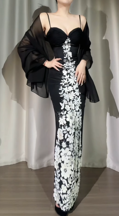 Vintage Black Prom Dress Sequins Chiffon Spaghetti Straps Evening Dress Sheath Birthday Dress ED06937