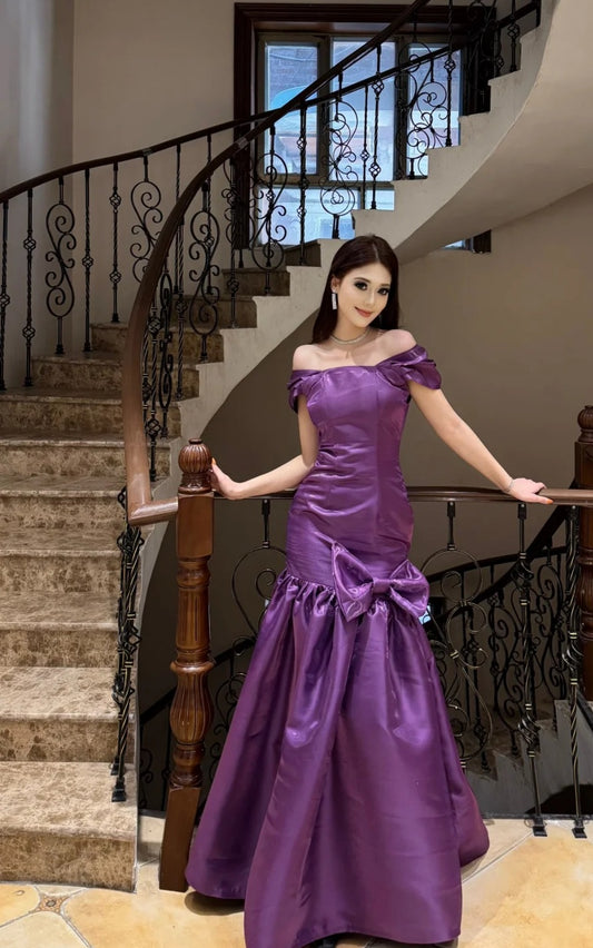 Elegant Purple Wedding Guest Dress Off-shoulder Satin Sheath Evening Dress ED06939