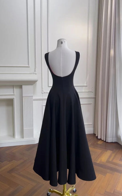 Elegant Black Wedding Guest Dress Spaghetti Straps Satin A-Line Evening Dress ED06940
