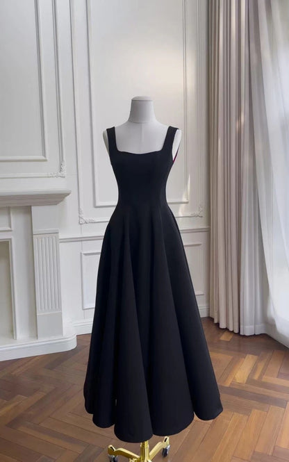 Elegant Black Wedding Guest Dress Spaghetti Straps Satin A-Line Evening Dress ED06940