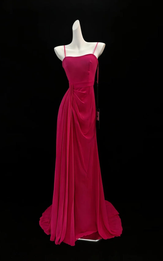 Elegant Hot Pink Wedding Guest Dress Spaghetti Straps Chiffon Sheath Evening Dress ED06941