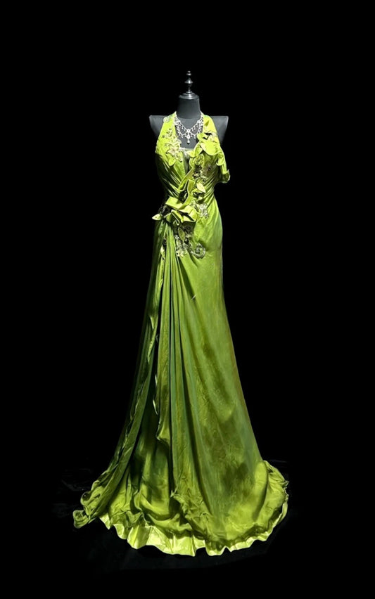Elegant Green Prom Dress Satin V-neck Sheath Evening Dress ED06944