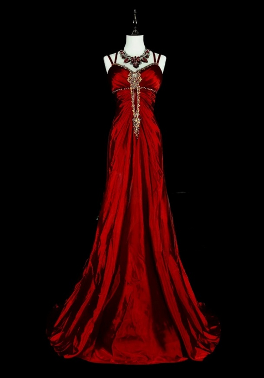 Elegant Red Prom Dress Satin Spaghetti Straps Sheath Evening Dress ED06945