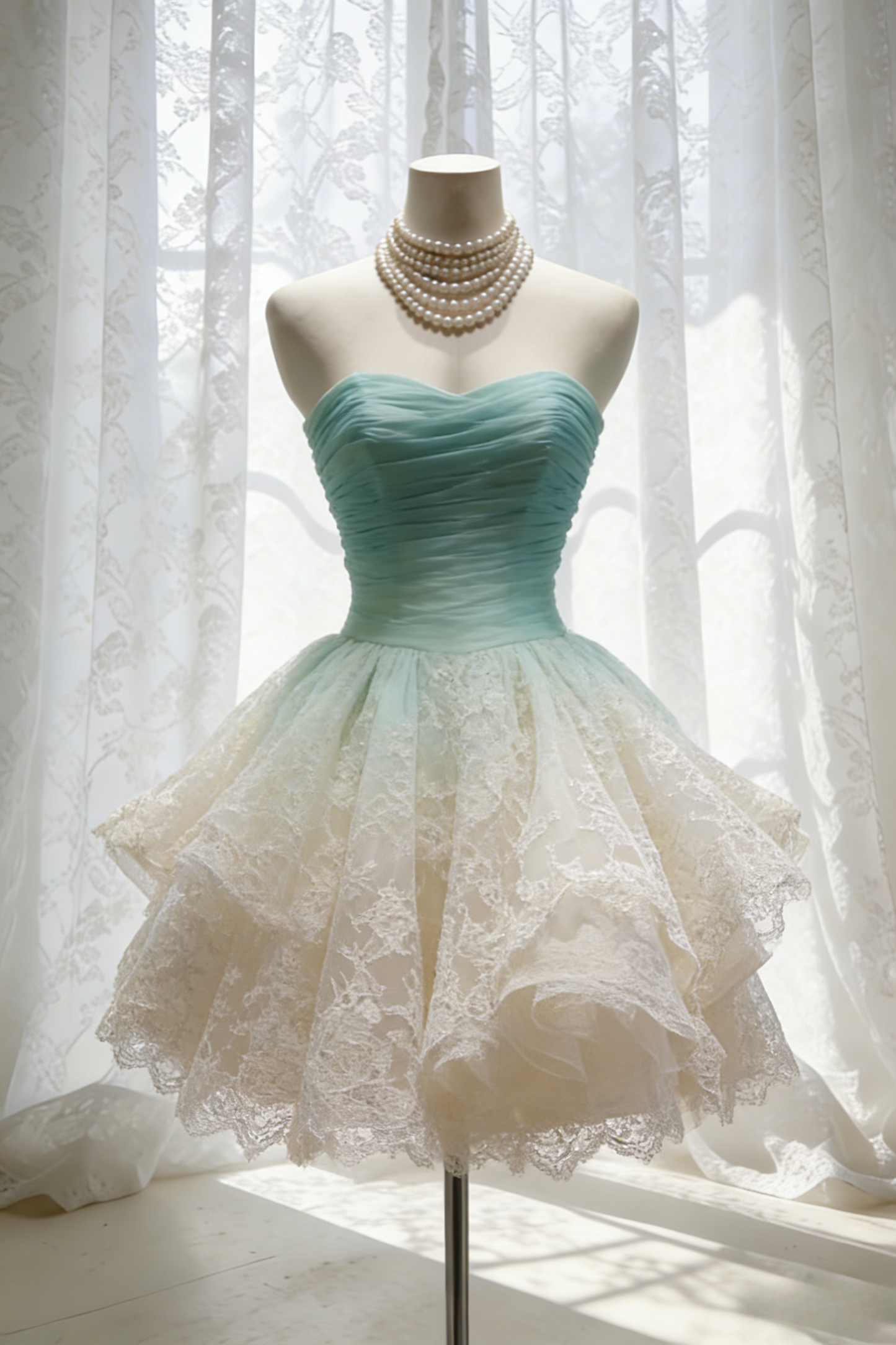 Chic Blue Prom Dress Lace Strapless A-Line Evening Dress ED06947