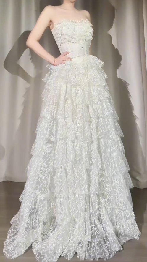 Chic White Prom Dress Lace Strapless Two-piece A-Line Evening Dress Sleeveless Birthday Dress ED06951