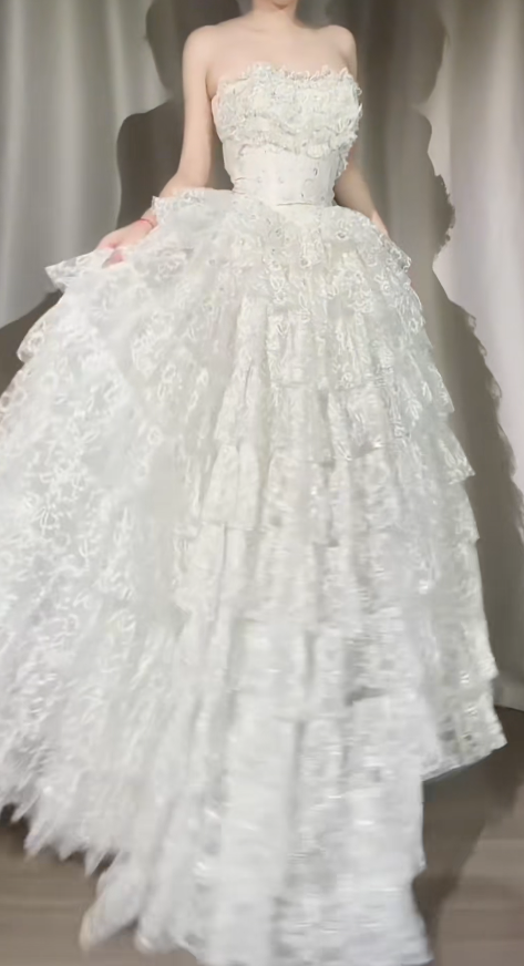 Chic White Prom Dress Lace Strapless Two-piece A-Line Evening Dress Sleeveless Birthday Dress ED06951