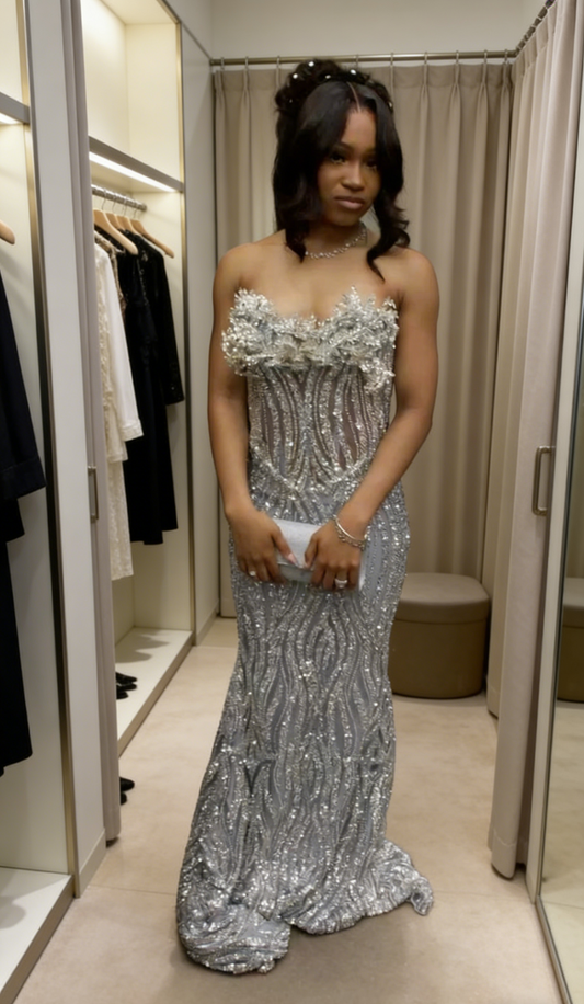 Elegant Silver Prom Dress Tulle Beaded Sheath Strapless Evening Dress ED06954