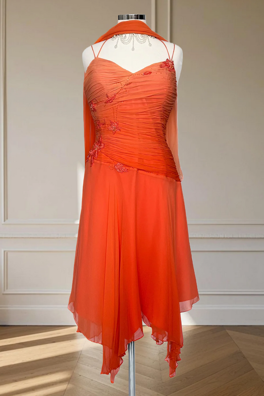 Elegant Orange Prom Dress Chiffon Spaghetti Straps SheathEvening Dress ED06956
