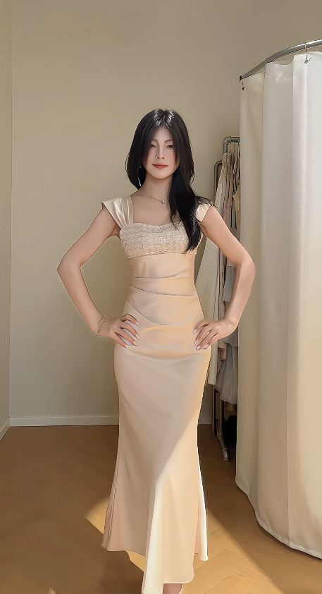 Chic Champagne Prom Dress Satin Straps Sheath Evening Dress ED06957